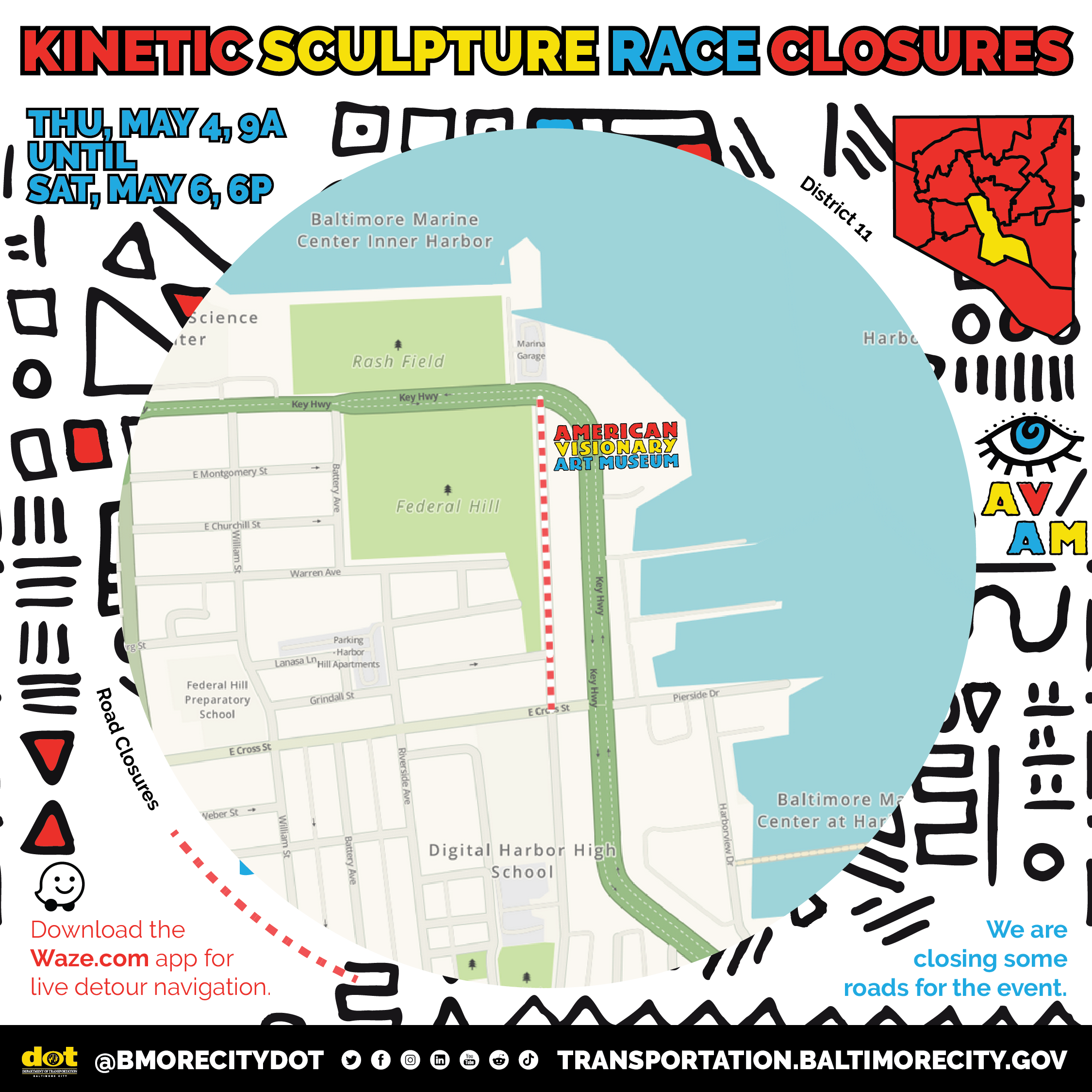 Map of road closures for the Kinetic Sculpture Race